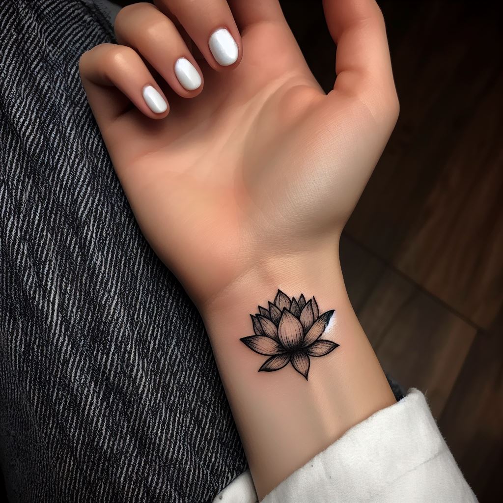 A tiny, intricate lotus flower tattoo, positioned elegantly on the inside of the wrist. The lotus should appear as if it's blooming directly from the skin, with delicate shading and fine lines to emphasize its gentle form. The tattoo should be no larger than a coin, blending seamlessly with the natural curves of the wrist.