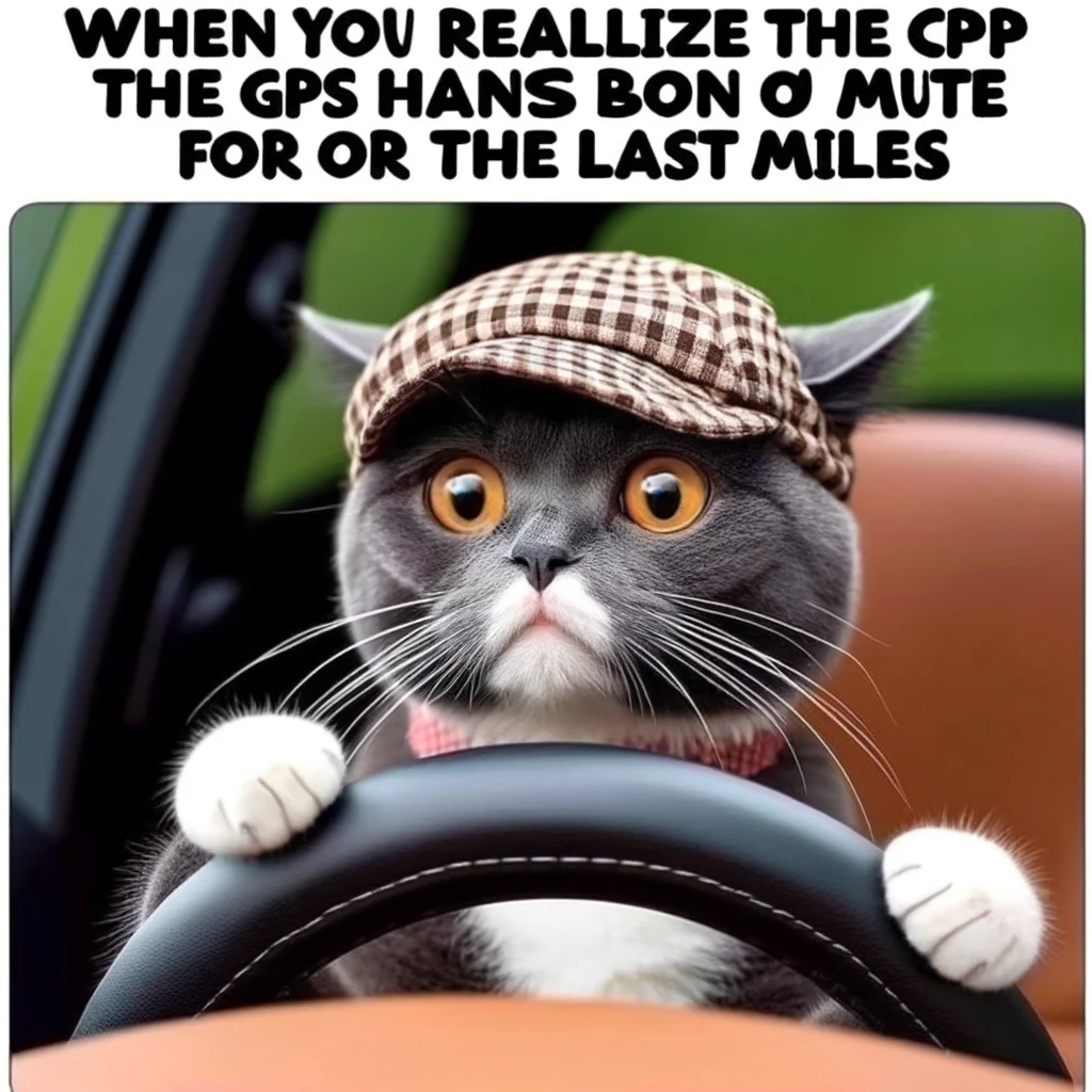 A humorous image of a cat sitting behind the wheel of a car, looking confused, with the caption "When you realize the GPS has been on mute for the last 50 miles"