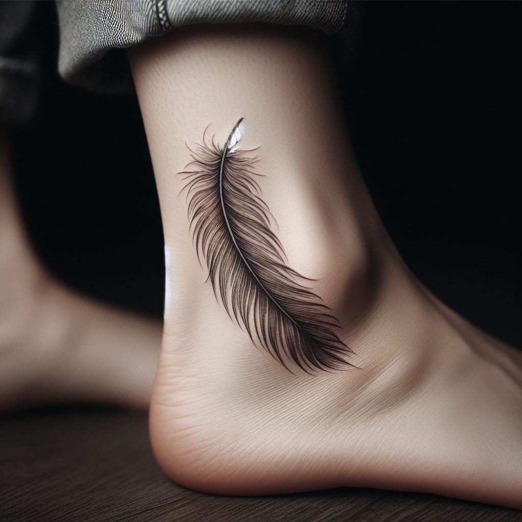 A small, detailed feather tattoo wrapping gracefully around the ankle bone. The feather should have a realistic appearance, with each strand finely drawn to showcase its delicate structure. The tattoo should give the impression of lightness and freedom, perfectly complementing the ankle's shape.