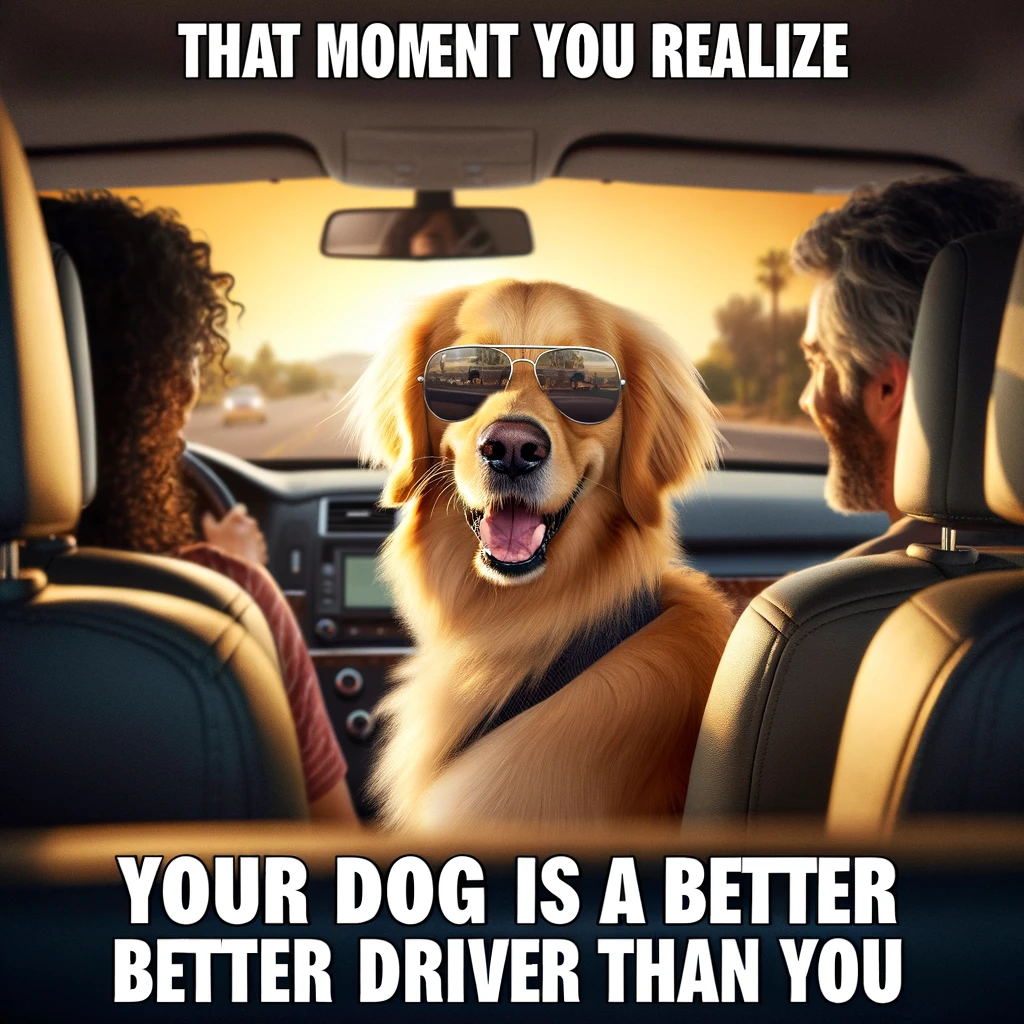 An image of a dog in the driver's seat of a car, wearing sunglasses and looking back at passengers with the caption "That moment you realize your dog is a better driver than you"
