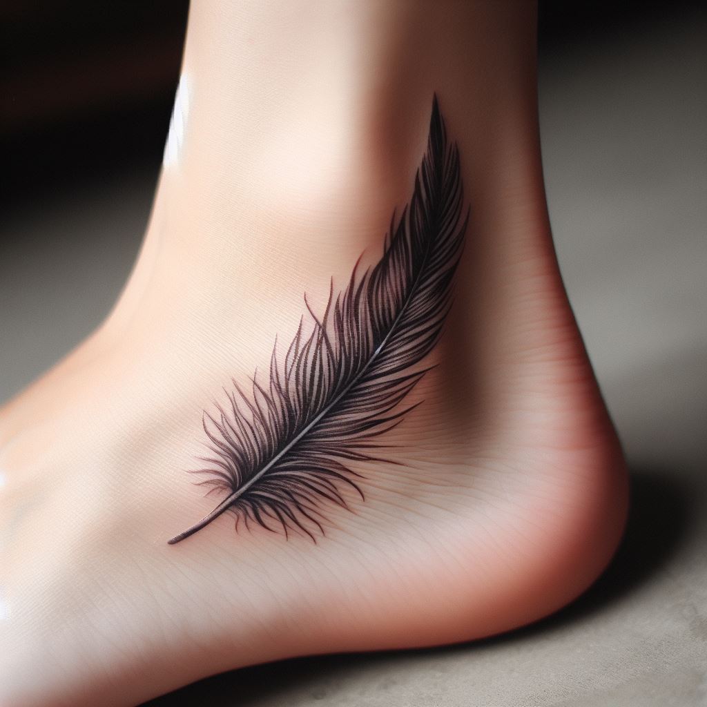 A small, detailed feather tattoo wrapping gracefully around the ankle bone. The feather should have a realistic appearance, with each strand finely drawn to showcase its delicate structure. The tattoo should give the impression of lightness and freedom, perfectly complementing the ankle's shape.