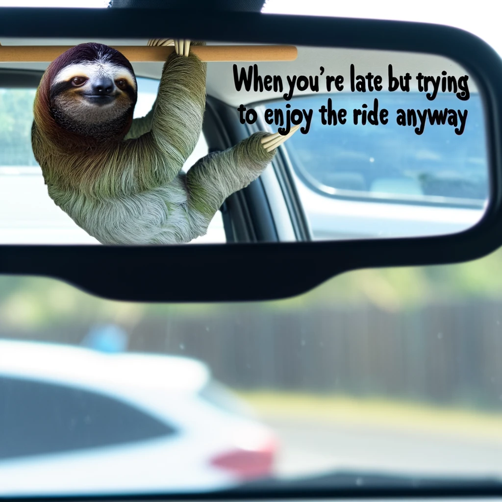 A whimsical image of a sloth hanging from the rearview mirror, with the outside scenery whizzing by, and the caption "When you're late but trying to enjoy the ride anyway"