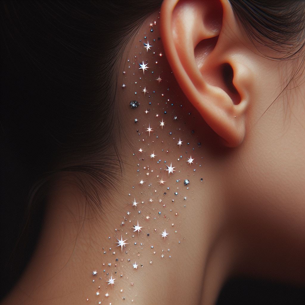 A constellation of tiny stars cascading from behind the ear down towards the neck. Each star should be distinct, with some appearing brighter than others, simulating a night sky. The stars should vary slightly in size and be placed in a way that they appear to be gently floating down the skin.