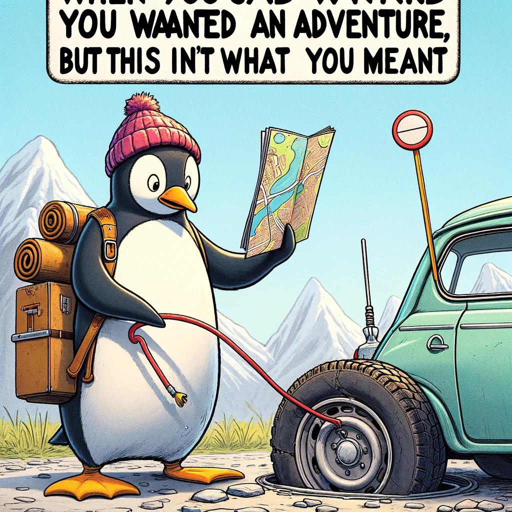 A comical image of a penguin standing next to a car with a flat tire, holding a map upside down, with the caption "When you said you wanted an adventure, but this isn't what you meant"