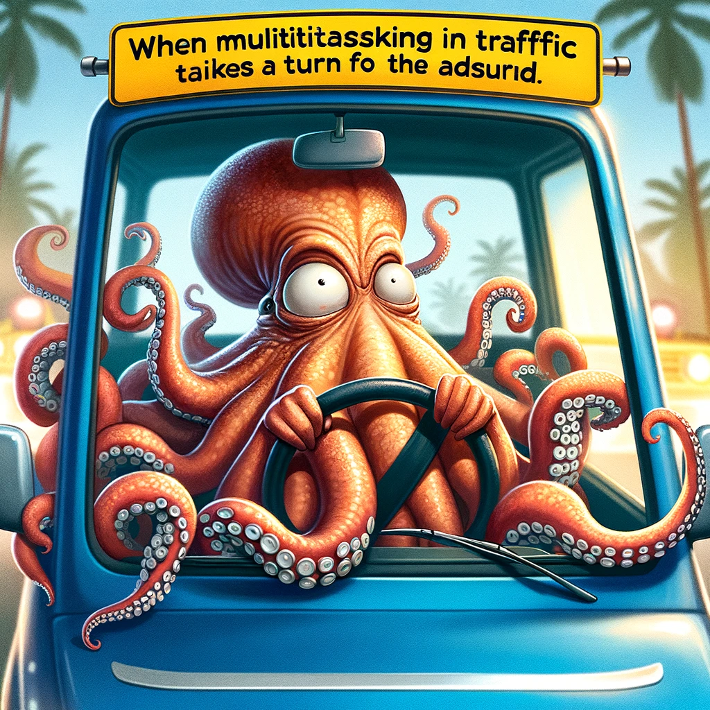 A funny image of an octopus in the driver's seat, tentacles everywhere, trying to operate the car, with the caption "When multitasking in traffic takes a turn for the absurd"