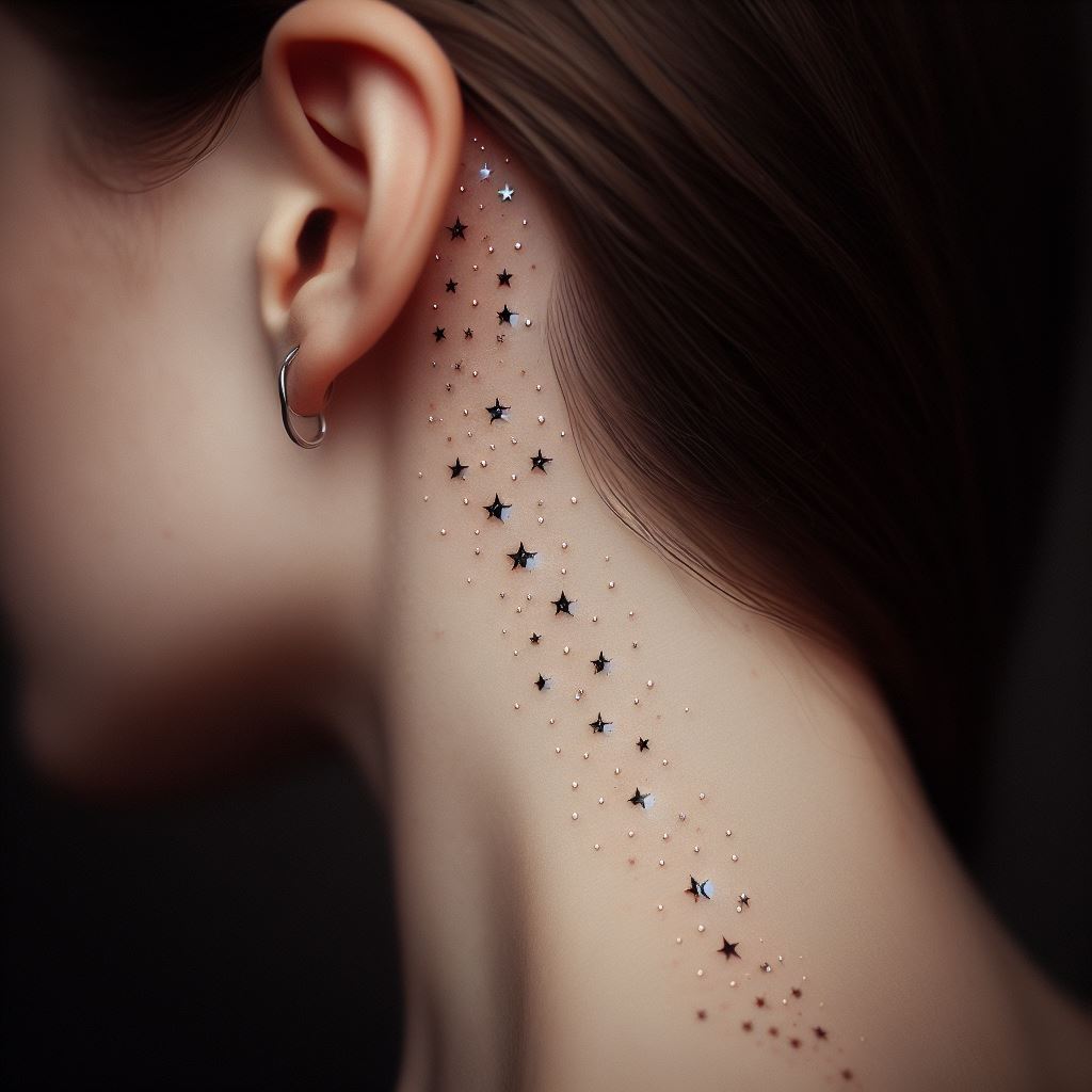 A constellation of tiny stars cascading from behind the ear down towards the neck. Each star should be distinct, with some appearing brighter than others, simulating a night sky. The stars should vary slightly in size and be placed in a way that they appear to be gently floating down the skin.
