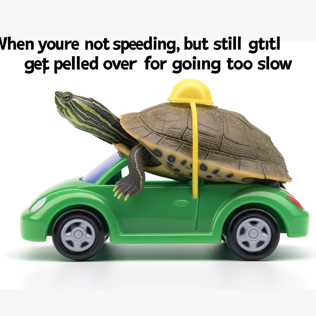 A humorous image of a turtle in a toy car, moving at a snail's pace, with the caption "When you're not speeding, but still get pulled over for going too slow"
