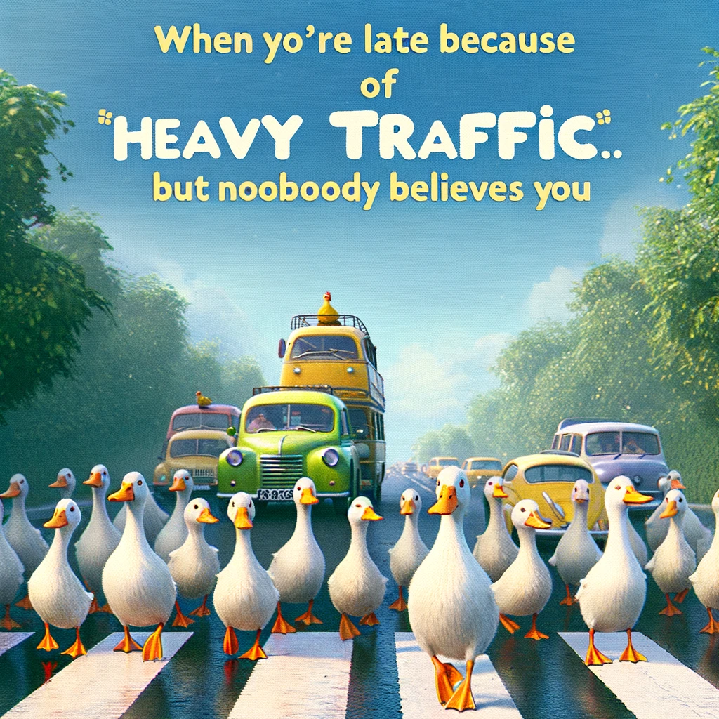 A playful image of a group of ducks crossing the road, causing traffic to stop, with the caption "When you're late because of 'heavy traffic' but nobody believes you"