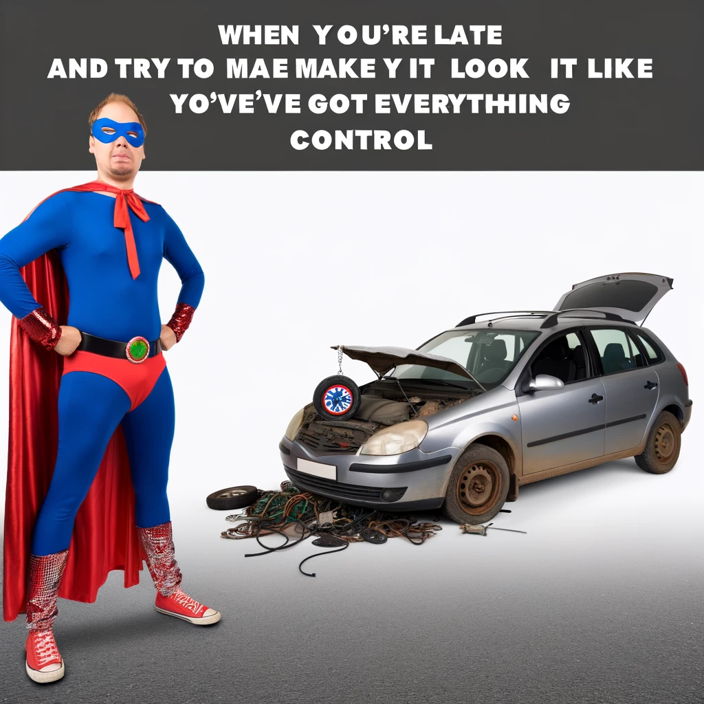 A satirical image of a person dressed as a superhero, standing heroically beside their broken-down car, with the caption "When you're late and try to make it look like you've got everything under control"