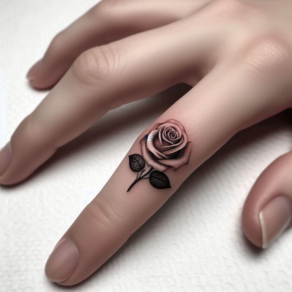 A miniature, single rose tattoo located on the side of the index finger. The rose should be highly detailed, with shaded petals that give it depth and realism, despite its small size. It should be positioned in such a way that it looks both elegant and subtle, visible only when the hand is moved.
