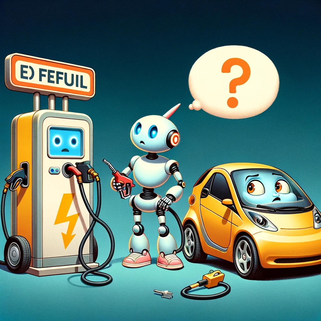 A quirky image of a robot trying to refuel an electric car, looking puzzled, with the caption "When technology is supposed to make life easier but you're not quite there yet"