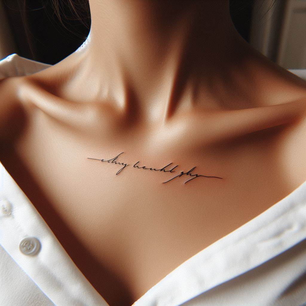 A tiny, cursive script tattoo placed delicately along the collarbone. The quote should be short and meaningful, with each letter finely crafted to give the appearance of elegance and sophistication. The text should follow the natural curve of the collarbone, making it both a personal and aesthetic statement.