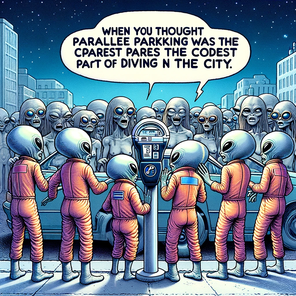 A comical image of a group of aliens trying to decipher a parking meter on Earth, with the caption "When you thought parallel parking was the hardest part of driving in the city"