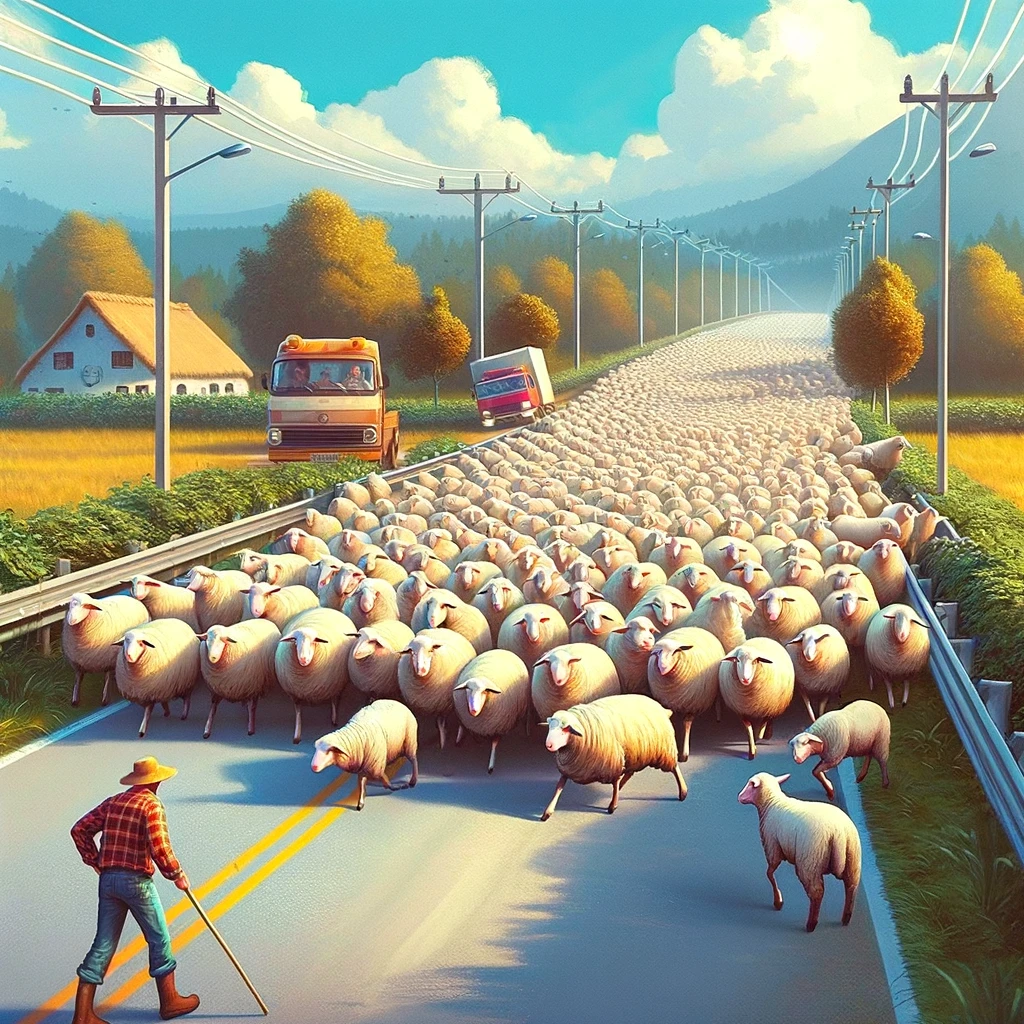 A funny image of a group of sheep blocking the road, with a lone farmer trying to herd them, and the caption "Traffic jam in the countryside be like"