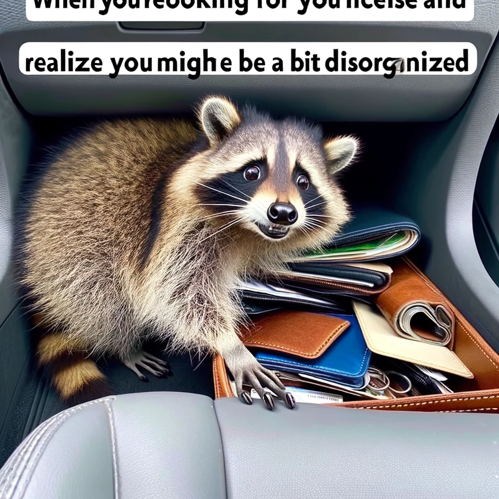 A humorous image of a raccoon rummaging through a car's glove compartment, with the caption "When you're looking for your license and realize you might be a bit disorganized"
