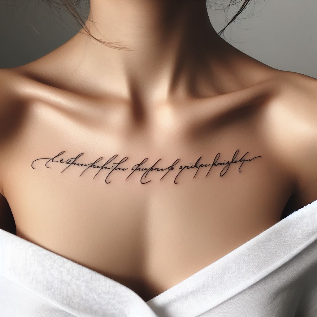 A tiny, cursive script tattoo placed delicately along the collarbone. The quote should be short and meaningful, with each letter finely crafted to give the appearance of elegance and sophistication. The text should follow the natural curve of the collarbone, making it both a personal and aesthetic statement.