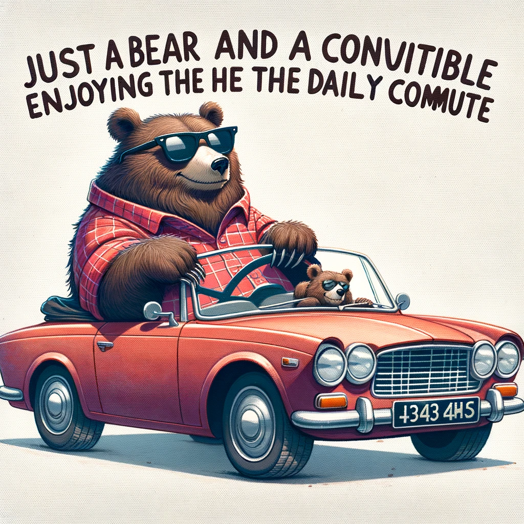 A whimsical image of a bear sitting in traffic in a convertible, wearing sunglasses, with the caption "Just a bear and his convertible enjoying the daily commute"