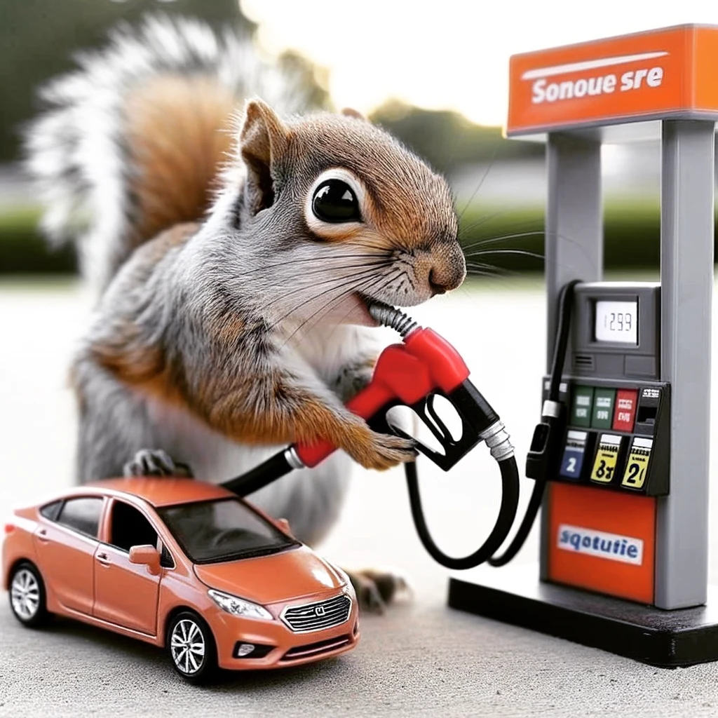 An amusing image of a squirrel filling up a tiny car at a gas station, with the caption "Fueling up for the weekend like"