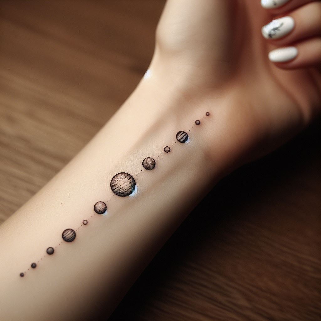 A miniature solar system tattooed along the inner arm, from the wrist up towards the elbow. Each planet should be represented as a tiny, detailed circle, with the sun being slightly larger at the wrist. The planets should be accurately spaced to mimic their positions in the solar system, creating a subtle yet fascinating piece.