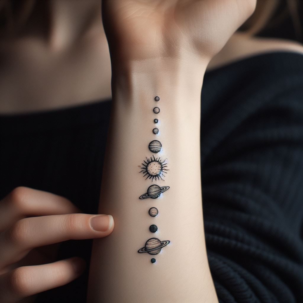 A miniature solar system tattooed along the inner arm, from the wrist up towards the elbow. Each planet should be represented as a tiny, detailed circle, with the sun being slightly larger at the wrist. The planets should be accurately spaced to mimic their positions in the solar system, creating a subtle yet fascinating piece.