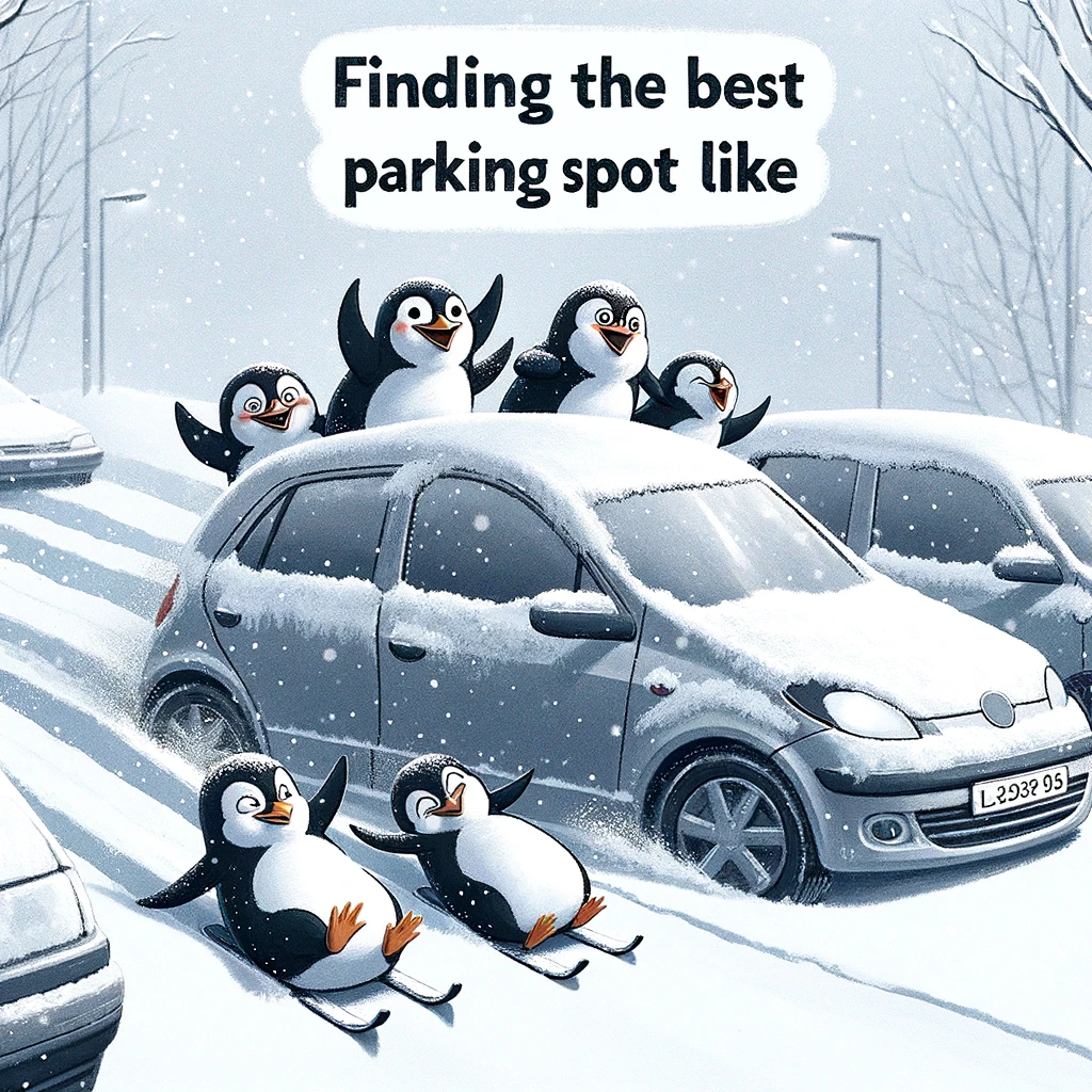 A playful image of a group of penguins sliding down a snowy hill towards a parked car, with the caption "Finding the best parking spot like"