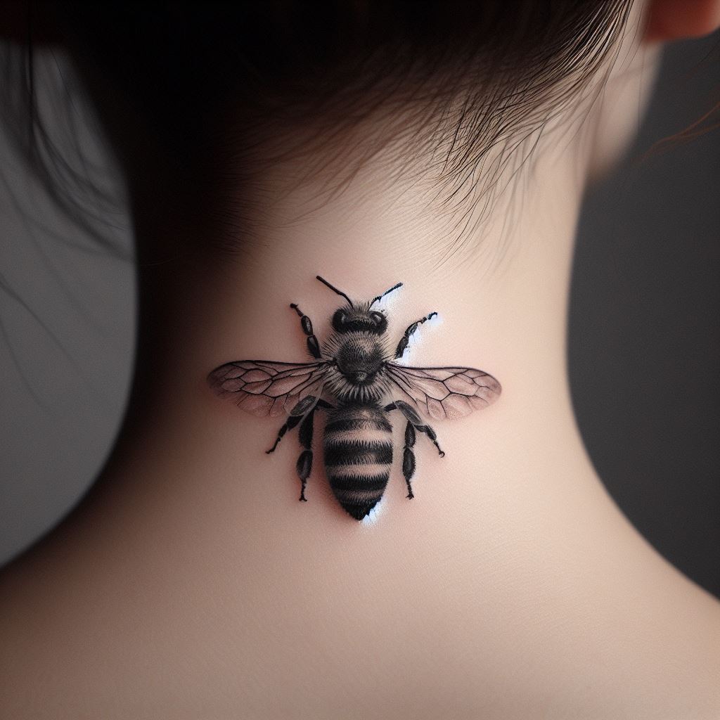 A tiny, realistic bee tattoo positioned at the nape of the neck. The bee should be depicted in mid-flight, with translucent wings and detailed body segments. Despite its small size, the tattoo should capture the bee's essence, symbolizing hard work and community.