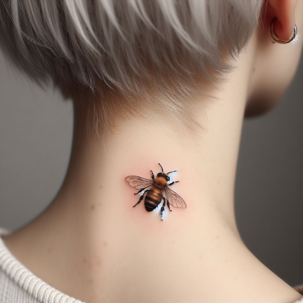 A tiny, realistic bee tattoo positioned at the nape of the neck. The bee should be depicted in mid-flight, with translucent wings and detailed body segments. Despite its small size, the tattoo should capture the bee's essence, symbolizing hard work and community.