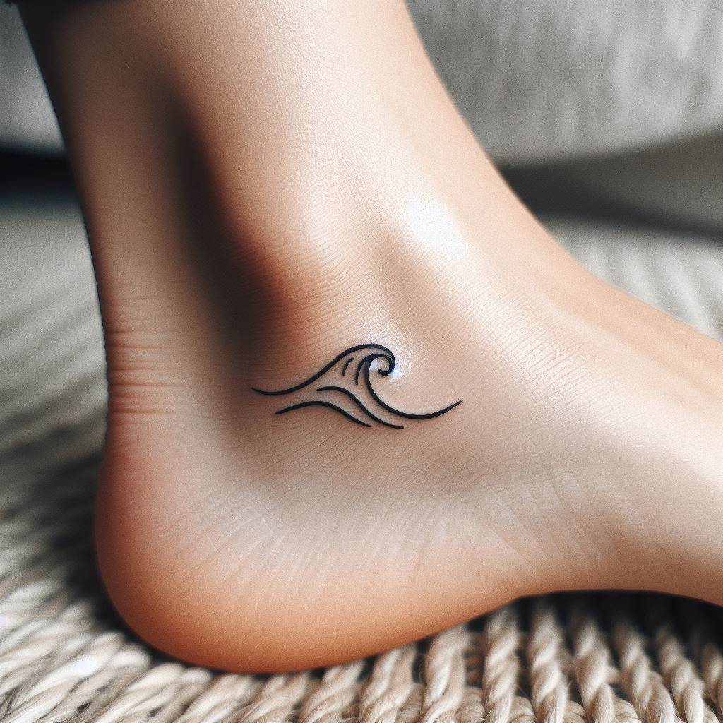 A small, simple wave tattoo located on the side of the foot, just below the ankle bone. The wave should have a minimalist design, with clean lines that capture the motion and tranquility of the sea. This tattoo should be a subtle nod to a love for the ocean and its calming qualities.