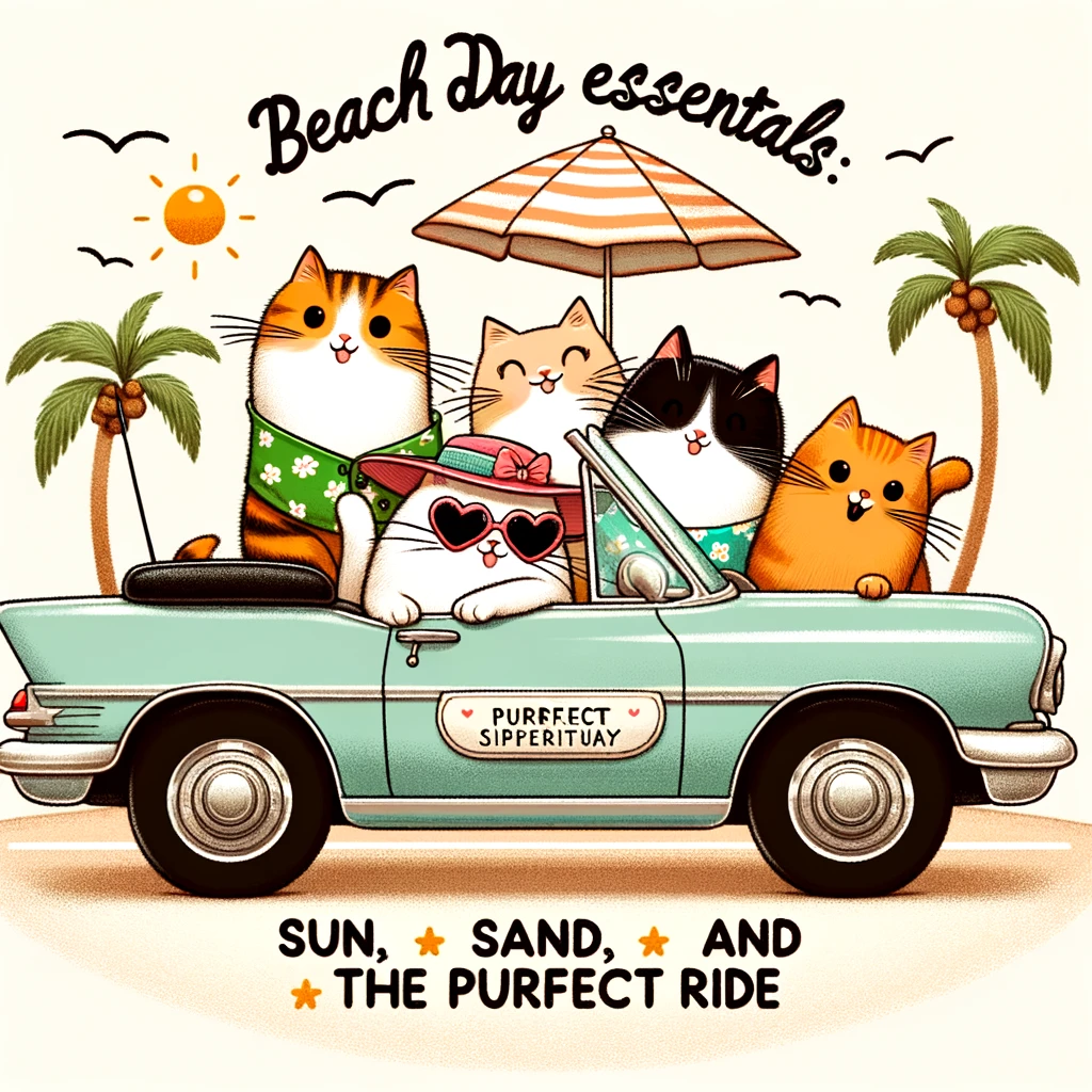 A playful image of a group of cats in a convertible, with the top down, cruising along the beach, with the caption "Beach day essentials: Sun, sand, and the purrfect ride"
