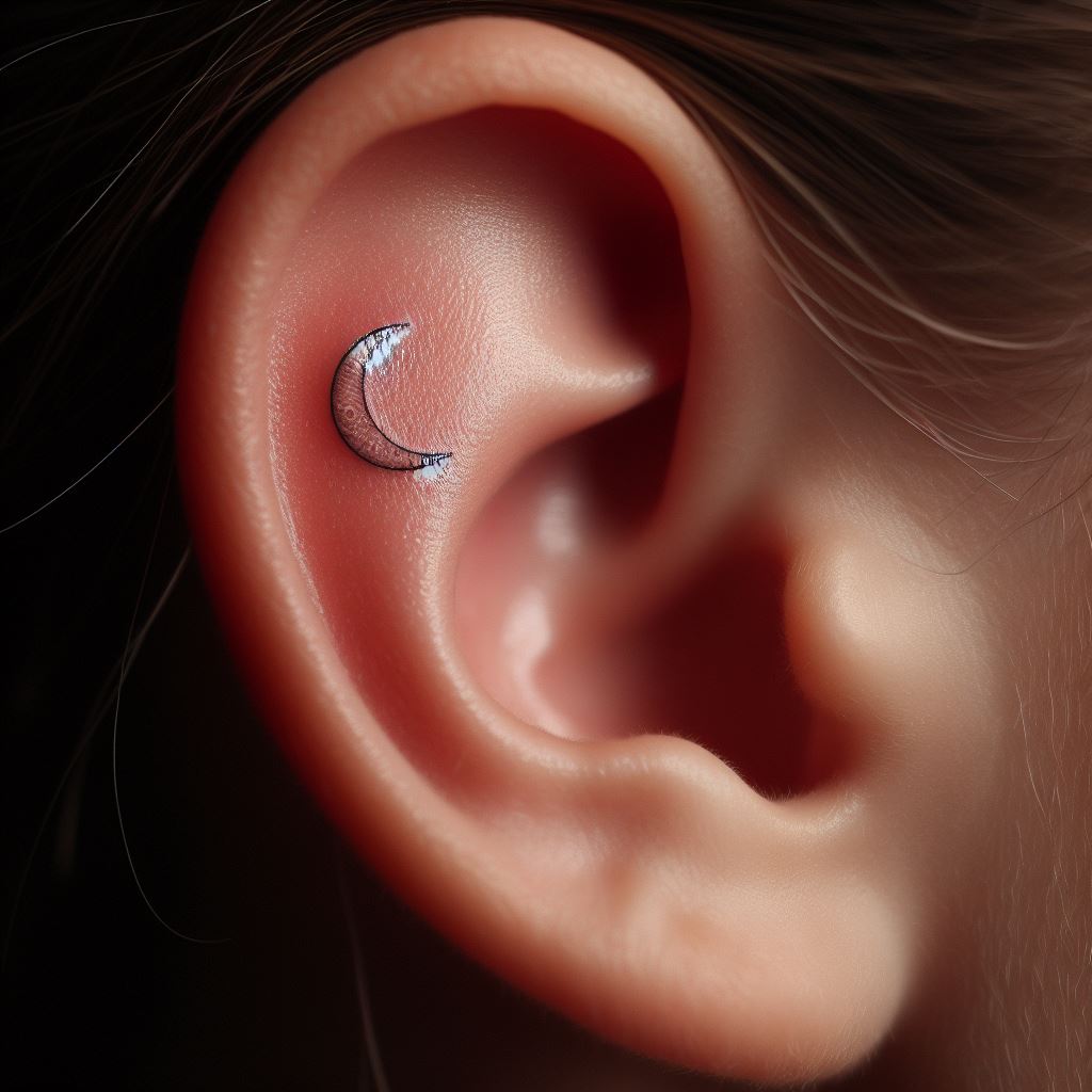 A miniature crescent moon tattoo, nestled subtly on the curve of the earlobe. The moon should have a delicate, ethereal appearance, with fine lines to emphasize its crescent shape. This tattoo should be small enough to be easily concealed by the ear but reveal a magical detail upon closer inspection.