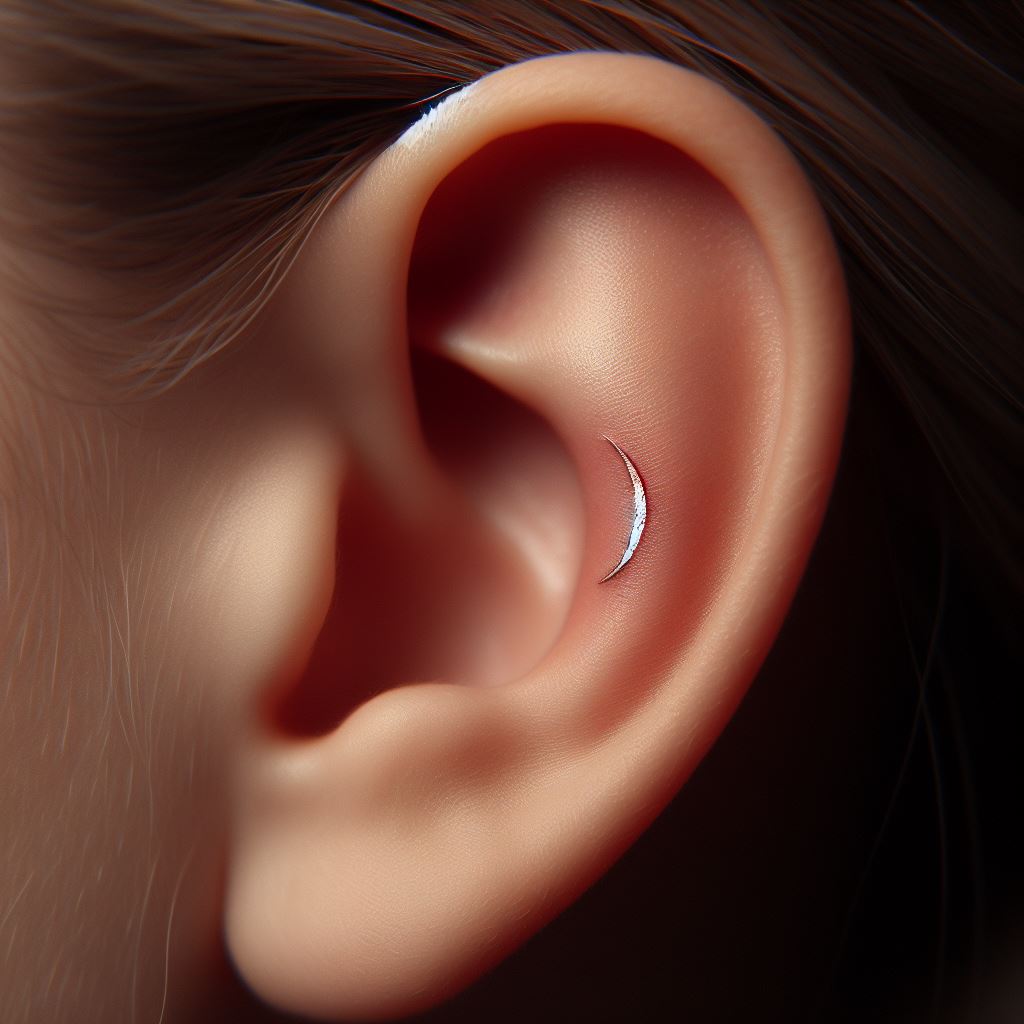 A miniature crescent moon tattoo, nestled subtly on the curve of the earlobe. The moon should have a delicate, ethereal appearance, with fine lines to emphasize its crescent shape. This tattoo should be small enough to be easily concealed by the ear but reveal a magical detail upon closer inspection.