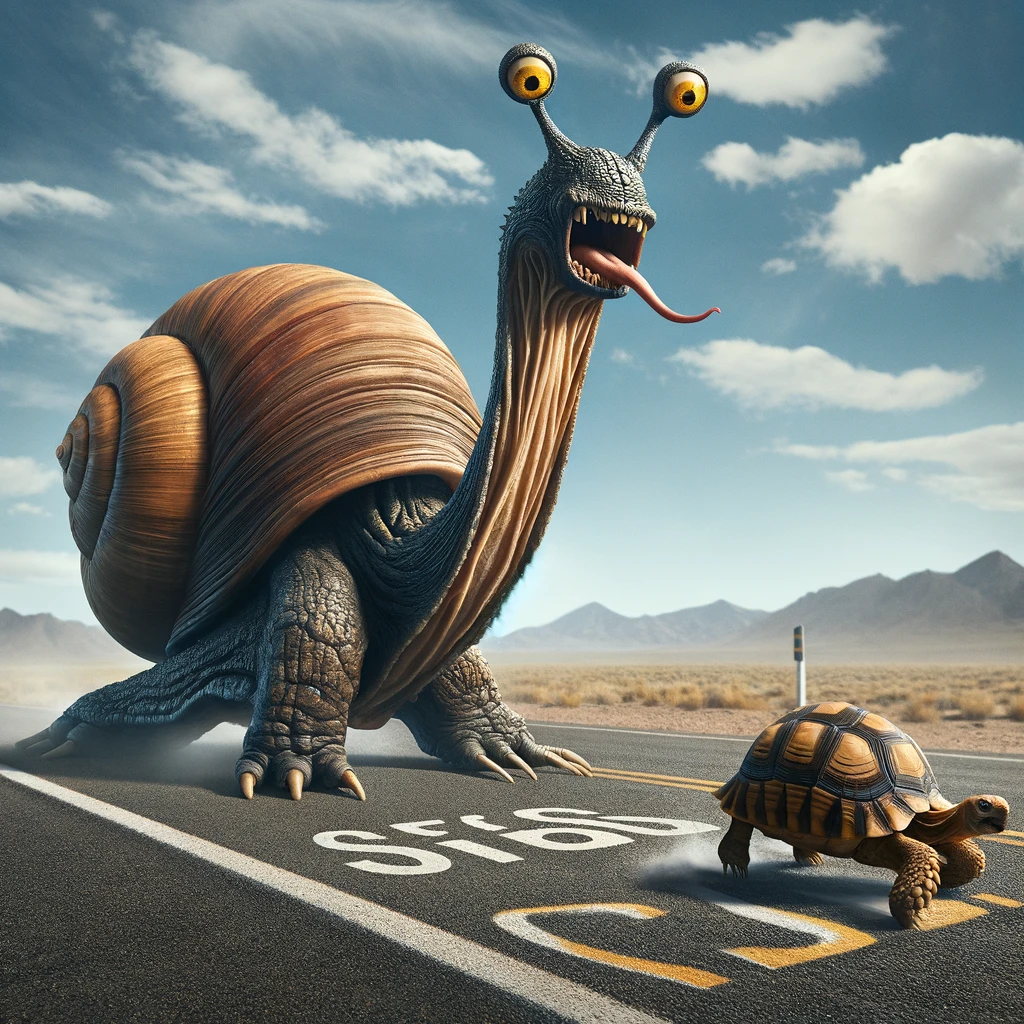 A humorous image of a snail racing a tortoise on a deserted road, with the caption "Setting new speed records"