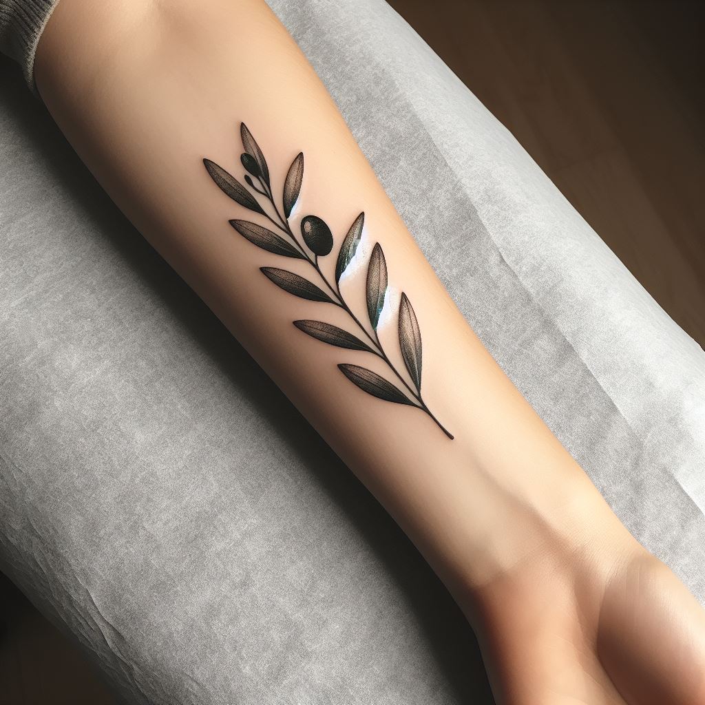 A small, elegant olive branch tattoo extending subtly along the inner forearm. The branch should be depicted with realistic leaves and olives, each detail finely rendered to convey peace and victory. The tattoo should follow the natural line of the forearm, creating a harmonious and serene effect.