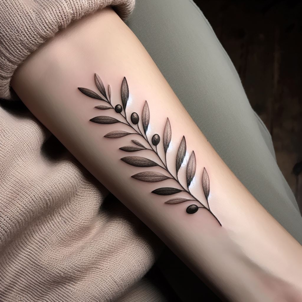 A small, elegant olive branch tattoo extending subtly along the inner forearm. The branch should be depicted with realistic leaves and olives, each detail finely rendered to convey peace and victory. The tattoo should follow the natural line of the forearm, creating a harmonious and serene effect.