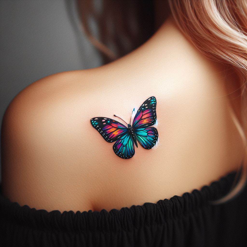 A tiny, colorful butterfly tattoo located on one shoulder blade. The butterfly should have intricately detailed wings, with vibrant colors that stand out against the skin. Despite its small size, the tattoo should capture the beauty and transformation symbolized by the butterfly.