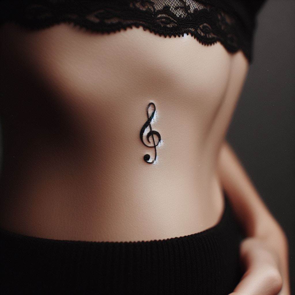 A miniature musical note tattoo, placed discreetly along the ribcage. The note should be simple yet elegant, symbolizing a deep love for music. Its placement on the ribcage makes it a personal piece, felt more than it is seen, resonating with the body's own rhythms.