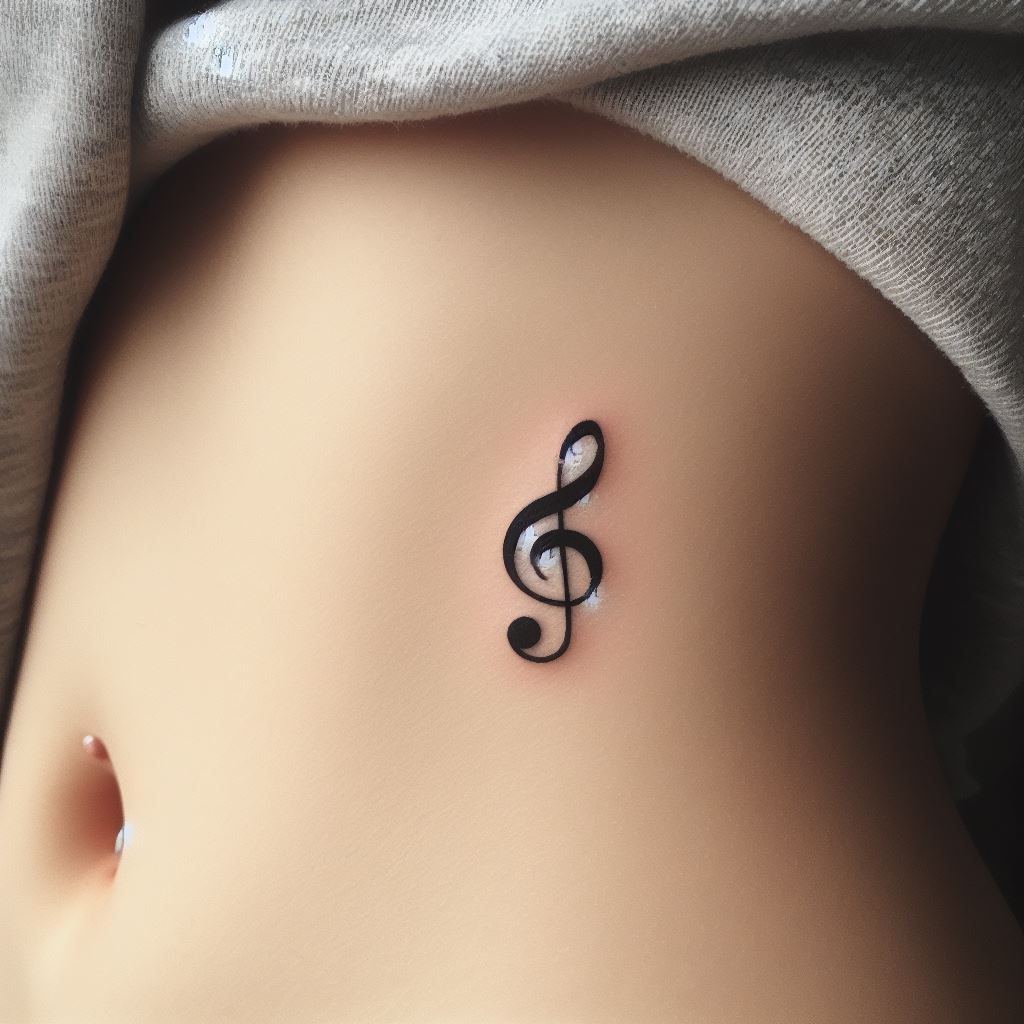A miniature musical note tattoo, placed discreetly along the ribcage. The note should be simple yet elegant, symbolizing a deep love for music. Its placement on the ribcage makes it a personal piece, felt more than it is seen, resonating with the body's own rhythms.