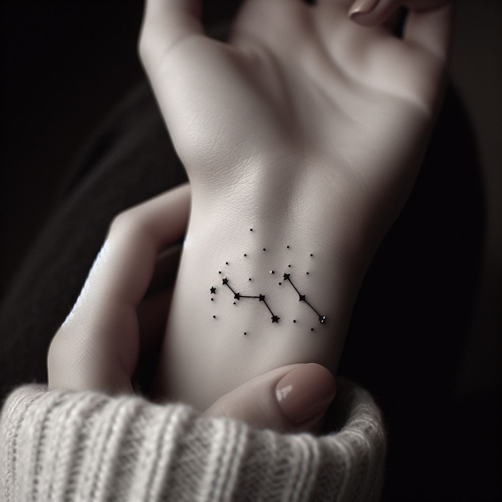 A tiny constellation tattoo, specifically designed to fit the curve of the wrist. Each star in the constellation should be represented by a small dot, connected by fine lines to form the shape. This tattoo combines astronomy and personal significance, creating a unique piece that's both discreet and meaningful.