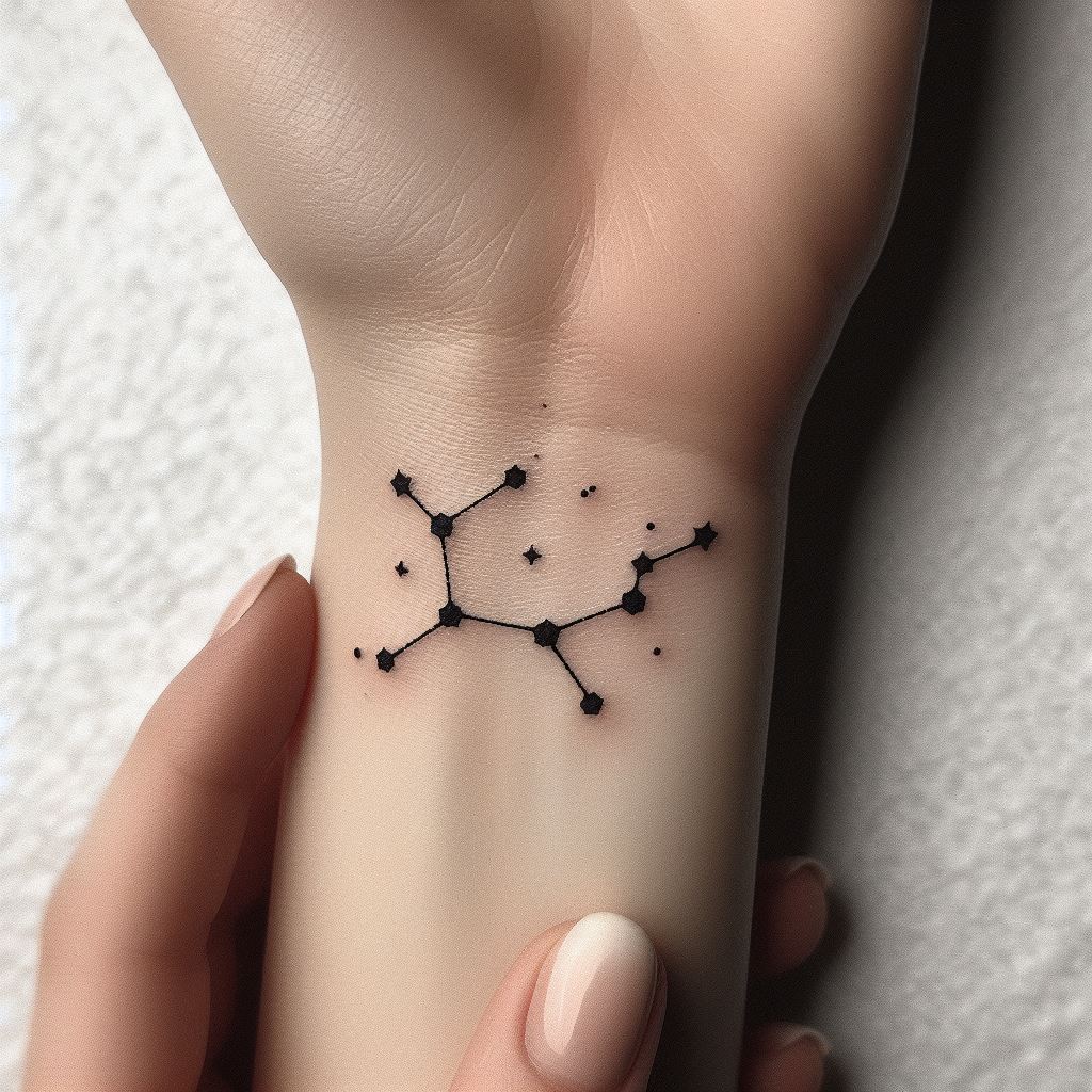 A tiny constellation tattoo, specifically designed to fit the curve of the wrist. Each star in the constellation should be represented by a small dot, connected by fine lines to form the shape. This tattoo combines astronomy and personal significance, creating a unique piece that's both discreet and meaningful.