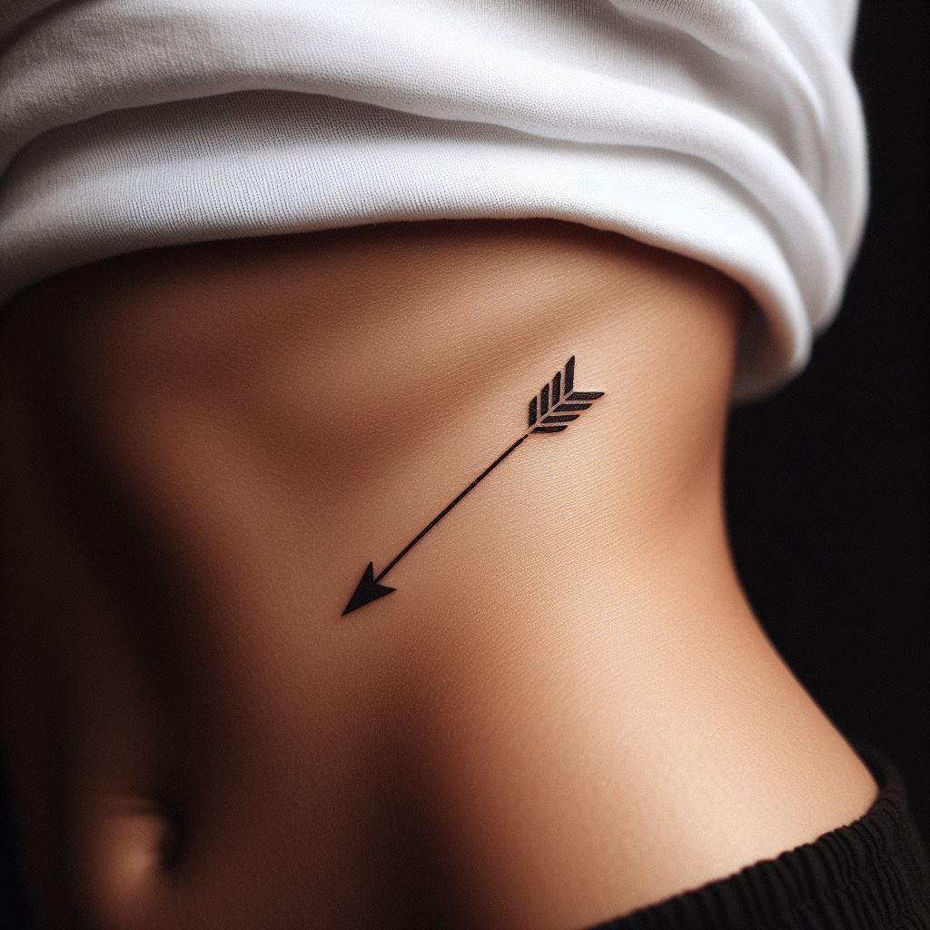 A small, minimalist arrow tattoo pointing towards the hip bone. The arrow should have a sleek, simple design, symbolizing direction and purpose. Its placement near the hip bone makes it both intimate and empowering, a personal reminder of the wearer's strength and direction in life.