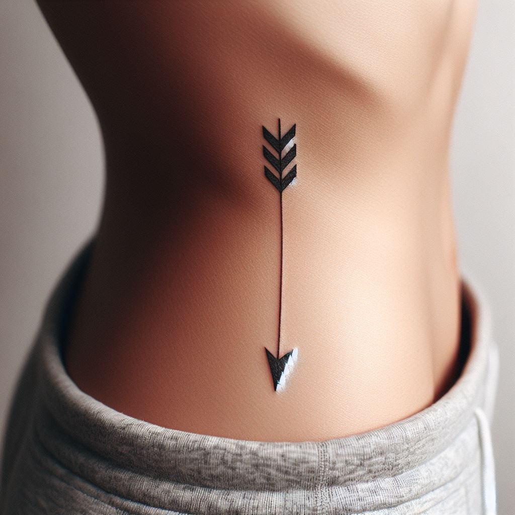 A small, minimalist arrow tattoo pointing towards the hip bone. The arrow should have a sleek, simple design, symbolizing direction and purpose. Its placement near the hip bone makes it both intimate and empowering, a personal reminder of the wearer's strength and direction in life.