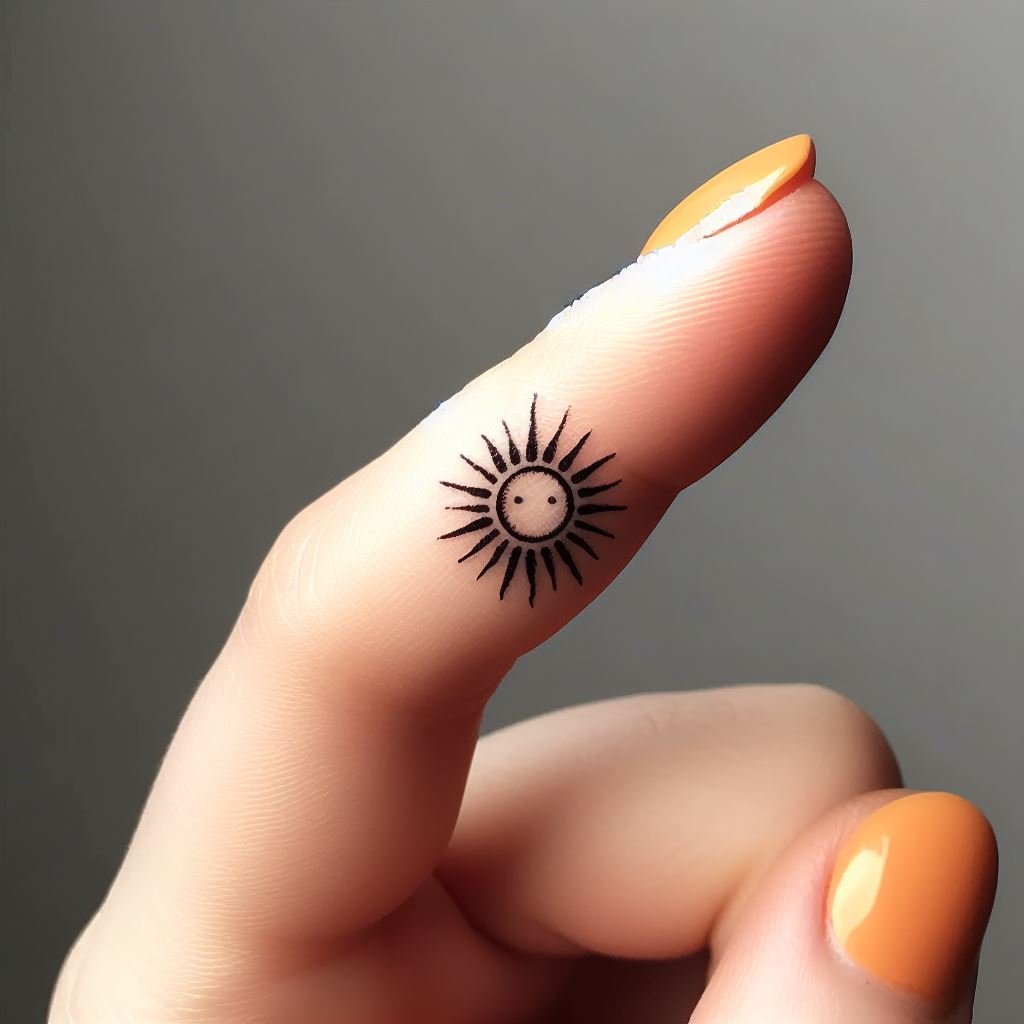 A tiny sun tattoo placed on the inside of one finger. The sun should be designed with simple, radiating lines, representing warmth and positivity. Despite its small size, this tattoo is a powerful symbol of light and energy, perfectly suited for an unexpected yet visible spot.