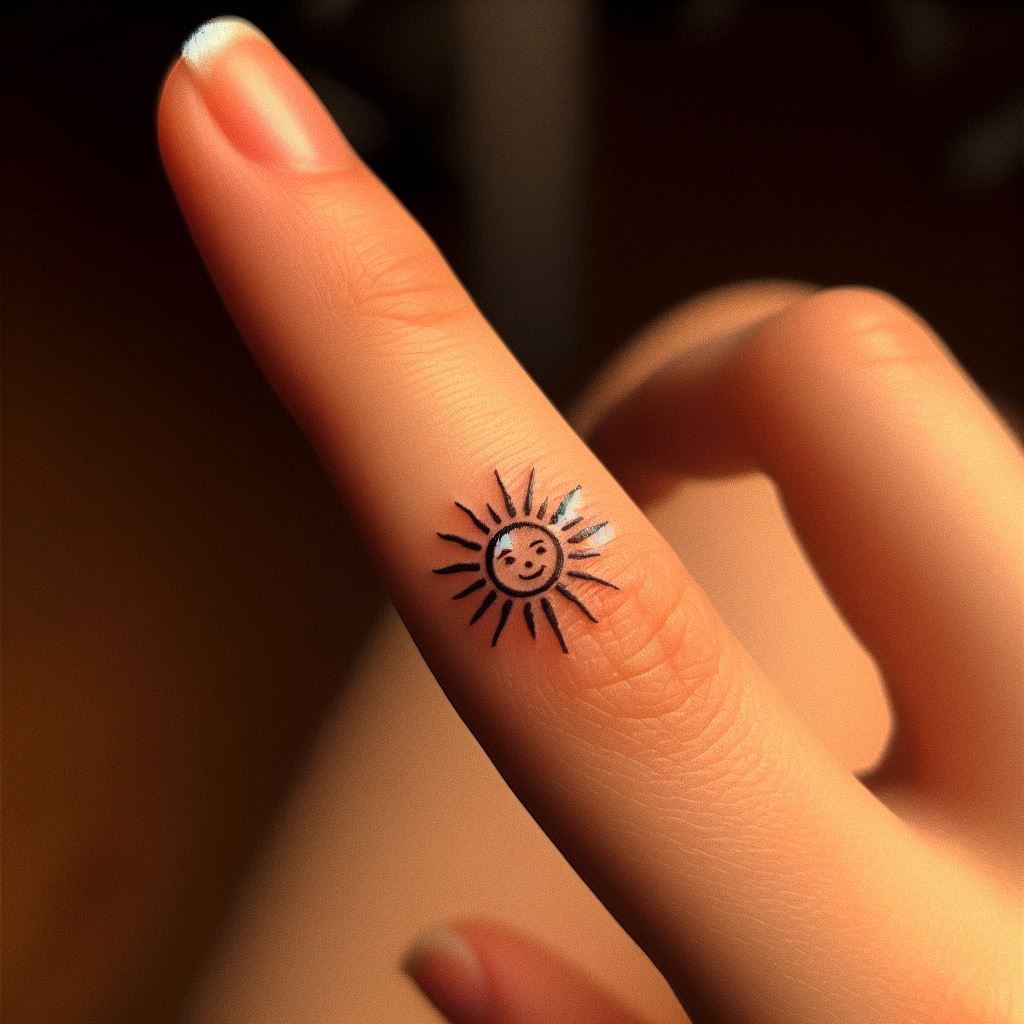 A tiny sun tattoo placed on the inside of one finger. The sun should be designed with simple, radiating lines, representing warmth and positivity. Despite its small size, this tattoo is a powerful symbol of light and energy, perfectly suited for an unexpected yet visible spot.