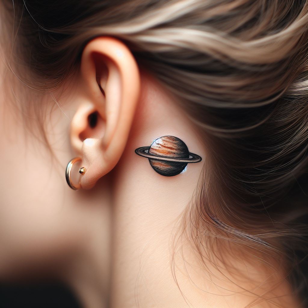 A miniature planet tattoo, discreetly positioned behind the ear. The planet can be fictional or one from our solar system, detailed with rings or moons to add depth. This tattoo combines a love for the cosmos with a touch of mystery, revealed only when the hair is tucked away.