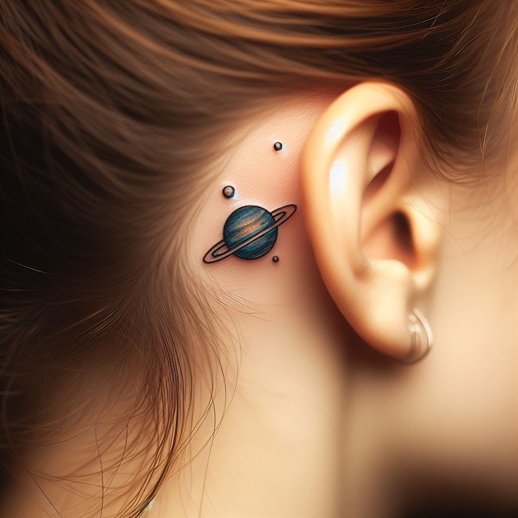 A miniature planet tattoo, discreetly positioned behind the ear. The planet can be fictional or one from our solar system, detailed with rings or moons to add depth. This tattoo combines a love for the cosmos with a touch of mystery, revealed only when the hair is tucked away.