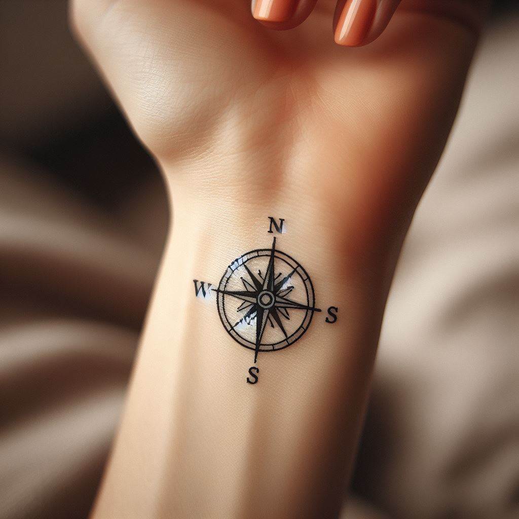 A tiny, detailed compass tattoo, elegantly placed on the inner wrist. The compass should be minimalist, with fine lines indicating the directions, symbolizing guidance and personal direction. Its small size makes it a subtle yet powerful reminder of the wearer’s journey and inner compass.