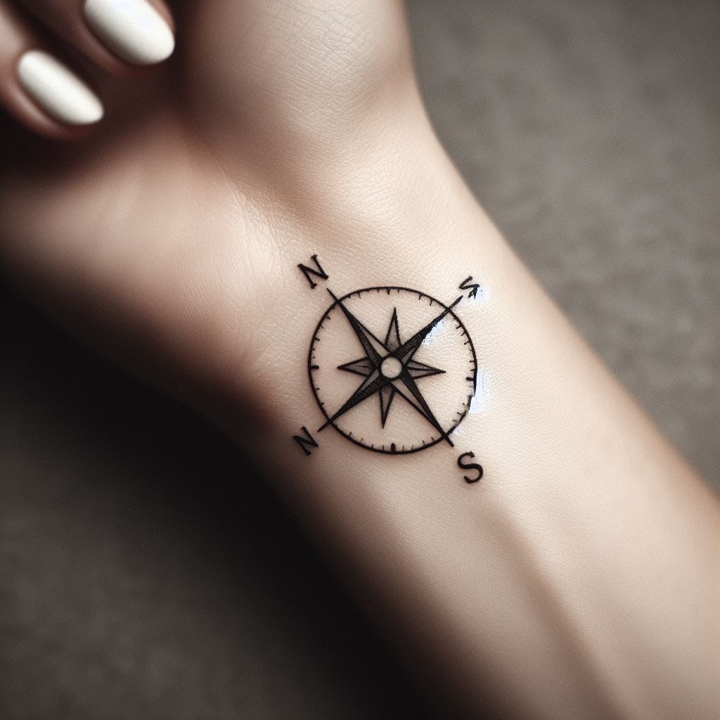 A tiny, detailed compass tattoo, elegantly placed on the inner wrist. The compass should be minimalist, with fine lines indicating the directions, symbolizing guidance and personal direction. Its small size makes it a subtle yet powerful reminder of the wearer’s journey and inner compass.
