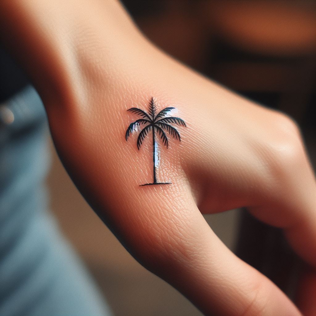 A miniature palm tree tattoo, located on the side of the palm near the base of the thumb. The tree should be stylized with simple lines, evoking feelings of peace and tropical serenity. This discreet placement allows for a personal oasis that is both hidden and accessible.