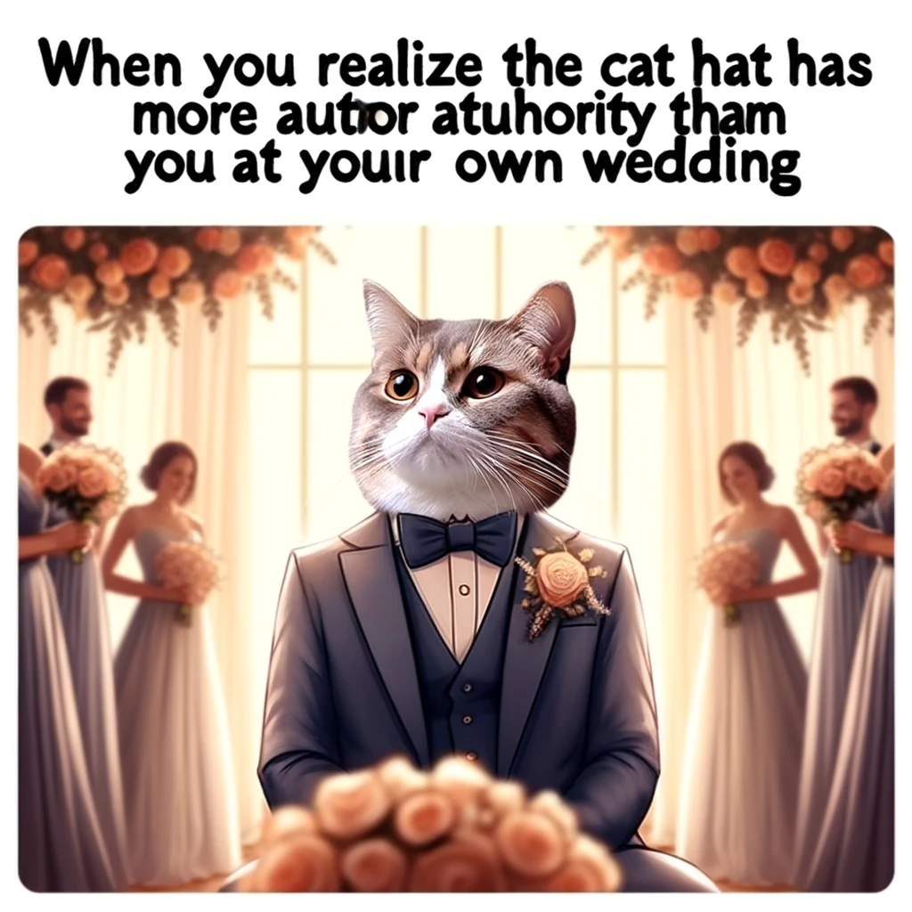 A wedding meme featuring a cat as the officiant, with the caption "When you realize the cat has more authority than you at your own wedding."