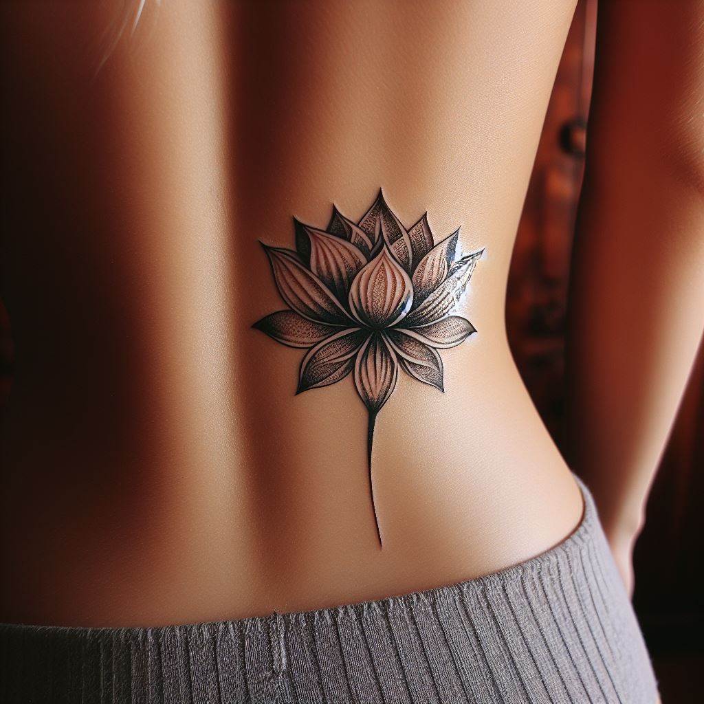 A small, intricately designed lotus flower tattoo, situated at the lower back near the spine. The lotus should have detailed petals, symbolizing purity, enlightenment, and rebirth. Its placement on the lower back adds a touch of elegance and personal significance, easily concealed or revealed.